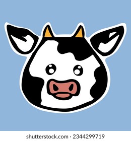 vector illustration of a cute cow emoji in the form of a sticker on a blue background