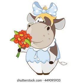 Vector Illustration of a Cute Cow and Flowers. Cartoon Character