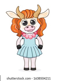 Vector illustration of a cute cow girl in a blue dress and beads. Funny cow character.