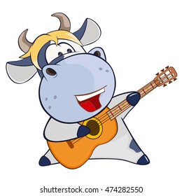 Vector Illustration of a Cute Cow Guitarist. Cartoon Character