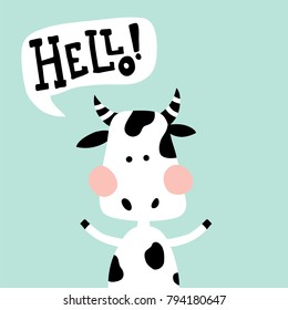 vector illustration of a cute cow on a blue background, hand lettering hello text