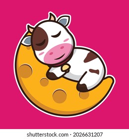 vector illustration of cute cow sleeping on the moon