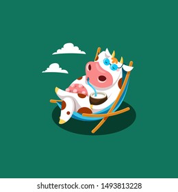 Vector Illustration Of Cute Cow In Sunglasses Drinks Coconut Milk From Coconut Sitting In A Deck Chair