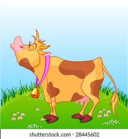 Vector illustration of cute cow at sunny meadow.