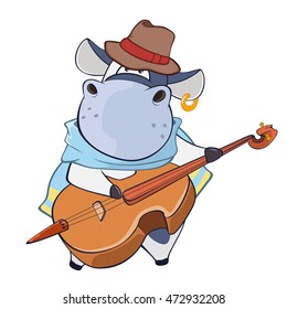 Vector Illustration of a Cute Cow Violinist Jazz Bassist. Cartoon Character