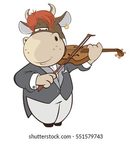 Vector Illustration of a Cute Cow Violinist. Cartoon Character