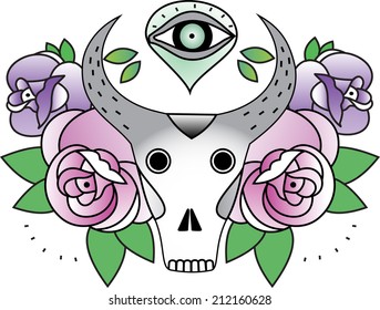 Vector illustration with cute cows sugar skull and roses