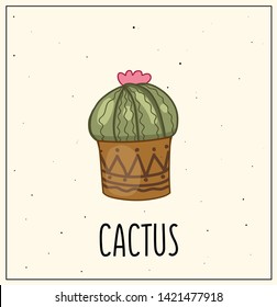 Vector illustration of cute, cozy, beautiful, prickly, cute, with a pink flower cactus, which will decorate any thing or object.
