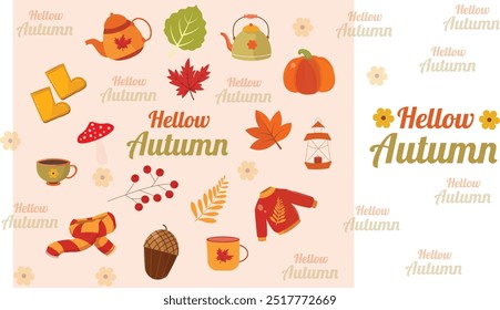 vector illustration of cute and cozy elements for autumn