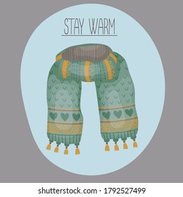 Vector illustration of a cute cozy knitted scarf around the neck for the cold season in a funny cartoon childish style