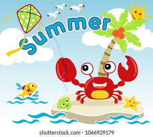 Vector illustration of cute crab cartoon playing kite with marine animals in the beach. Summer element cartoon