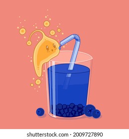 Vector illustration of cute creature liking juice from glass of juice.