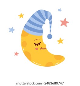 Vector illustration of cute Crescent Moon character wearing sleeping cap