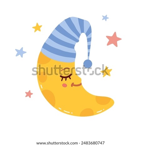 Vector illustration of cute Crescent Moon character wearing sleeping cap