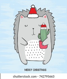 Vector Illustration of cute crew with christmas hat cut with cactus in his hands. Hand drawn sketch card with grey hedgehog with closed eyes on a blue cold scratched grunge background.  svg