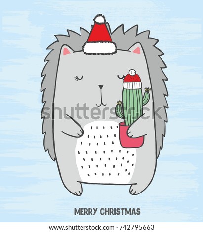 Vector Illustration of cute crew with christmas hat cut with cactus in his hands. Hand drawn sketch card with grey hedgehog with closed eyes on a blue cold scratched grunge background. 