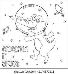Vector illustration of cute crocodile Astronaut Floating In Space. Cartoon isolated vector illustration, Creative vector Childish design for kids activity colouring book or page.