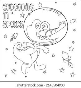 Vector illustration of cute crocodile Astronaut Floating In Space. Cartoon isolated vector illustration, Creative vector Childish design for kids activity colouring book or page.