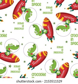 Vector illustration of cute crocodile astronaut play with his rocket. Animal in outer space. Creative vector childish background for fabric textile, nursery wallpaper, poster, and other decoration.