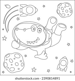 Vector illustration of cute crocodile Astronaut Floating In Space. Cartoon isolated vector illustration, Creative vector Childish design for kids activity colouring book or page.