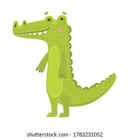 Vector illustration of a cute crocodile in cartoon hand drawn flat style. Kind green aligator from safari, jungle. Funny animal for printing on clothes, stationery, logo, design of goods for children