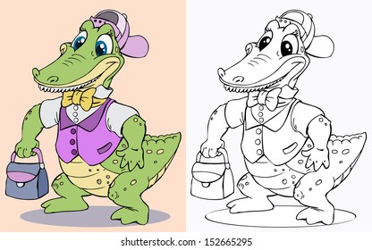 Vector illustration, cute crocodile going to school, cartoon concept.