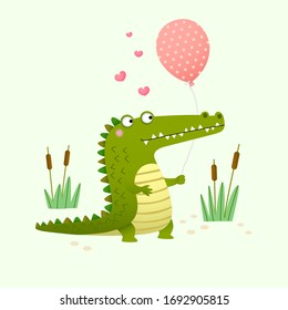 Vector illustration of a cute crocodile holding a balloon on green background.