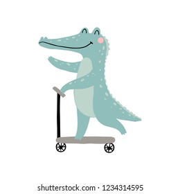 Vector illustration with cute crocodile on scooter.