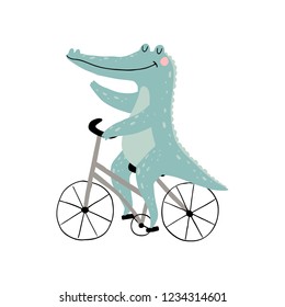 Vector illustration with cute crocodile on bicycle.