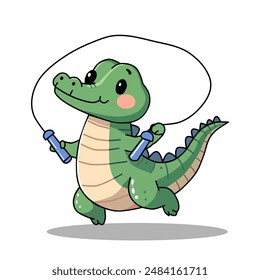 vector illustration of a cute crocodile playing jumping rope in a cartoon, flat and minimalist style isolated on a white background