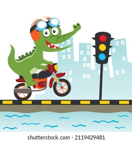 Vector illustration of cute crocodile ride a motorcycle, Can be used for t-shirt print, kids wear fashion design, invitation card. fabric, textile, nursery wallpaper, poster and other decoration.