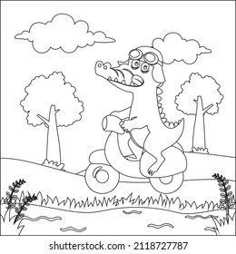 Vector illustration of cute crocodile riding a scooter. Funny vector illustration. Childish design for kids activity colouring book or page.