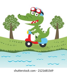Vector illustration of cute crocodile riding a scooter. Funny vector illustration. Creative vector childish background for fabric textile, nursery wallpaper, brochure. and other decoration.