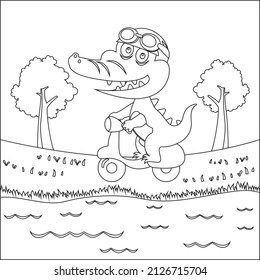 Vector illustration of cute crocodile riding a scooter, Trendy children graphic with Line Art Design Hand Drawing Sketch Vector illustration For Adult And Kids Coloring Book.