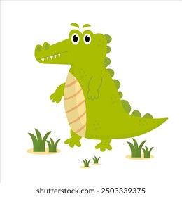 vector illustration of a cute crocodile standing on the grass. flat design illustration