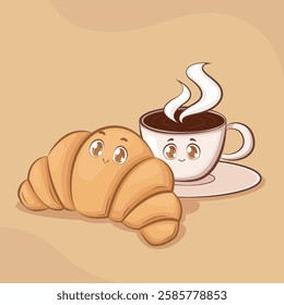 vector illustration of a cute croissant and coffee cup with happy face in cartoon style