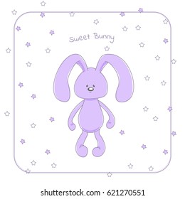 Vector illustration of a cute cuddly rabbit in pastel violet hues, with small eyes and long floppy ears, with text 'Sweet bunny'. Design concept for baby shower invitation, children's poster, sticker.