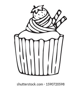 Vector illustration of cute cupcake. Black outlines isolated on white background. Doodle style. Design for greeting cards, gifts, wrapping paper etc.