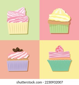 Ilustración vectorial de la colección de quequitos bonitos sobre fondo pastel