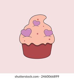 Vector illustration of a cute cupcake decorated with icing and hearts.