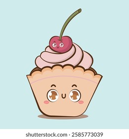 Vector illustration of a cute cupcake with a happy face and a cherry on top