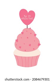 Vector illustration of cute cupcake for Valentine's Day. Valentine greeting card. Pink cupcake with hearts. Valentine's day vector illustration for design. Isolated on white.