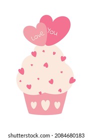 Vector illustration of cute cupcake for Valentine's Day. Valentine greeting card. Pink cupcake with hearts. Valentine's day vector illustration for design. Love you. Isolated on white.