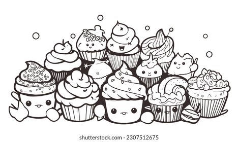 Vector Illustration, Cute cupcakes character, Doodle Lineart