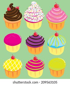 Vector illustration of Cute Cupcakes collection in many color