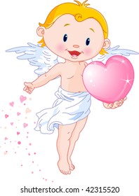 Ilustración vectorial de Cute Cupido dando un corazón