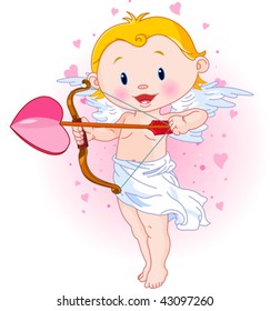 Vector illustration of Cute Cupid ready to shoot his arrow