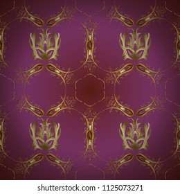 Vector illustration. In cute curls style. Seamless pattern in oriental style. Illustration in purple, brown and yellow colors. Urban pattern for textile and fabric. Ornate floral ornament.