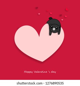 Vector illustration of cute cut with heart cartoon character on red background.