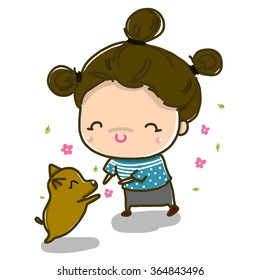 vector illustration of cute cute-girl-and-dog cartoon drawing style